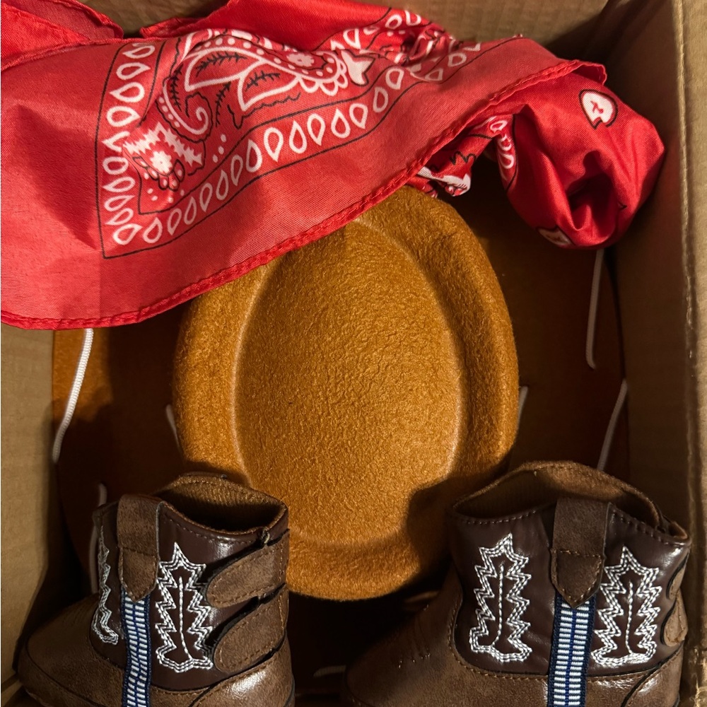 Brown Toddler Cowboy Boots with Red Bandana and Tan Felt Hat